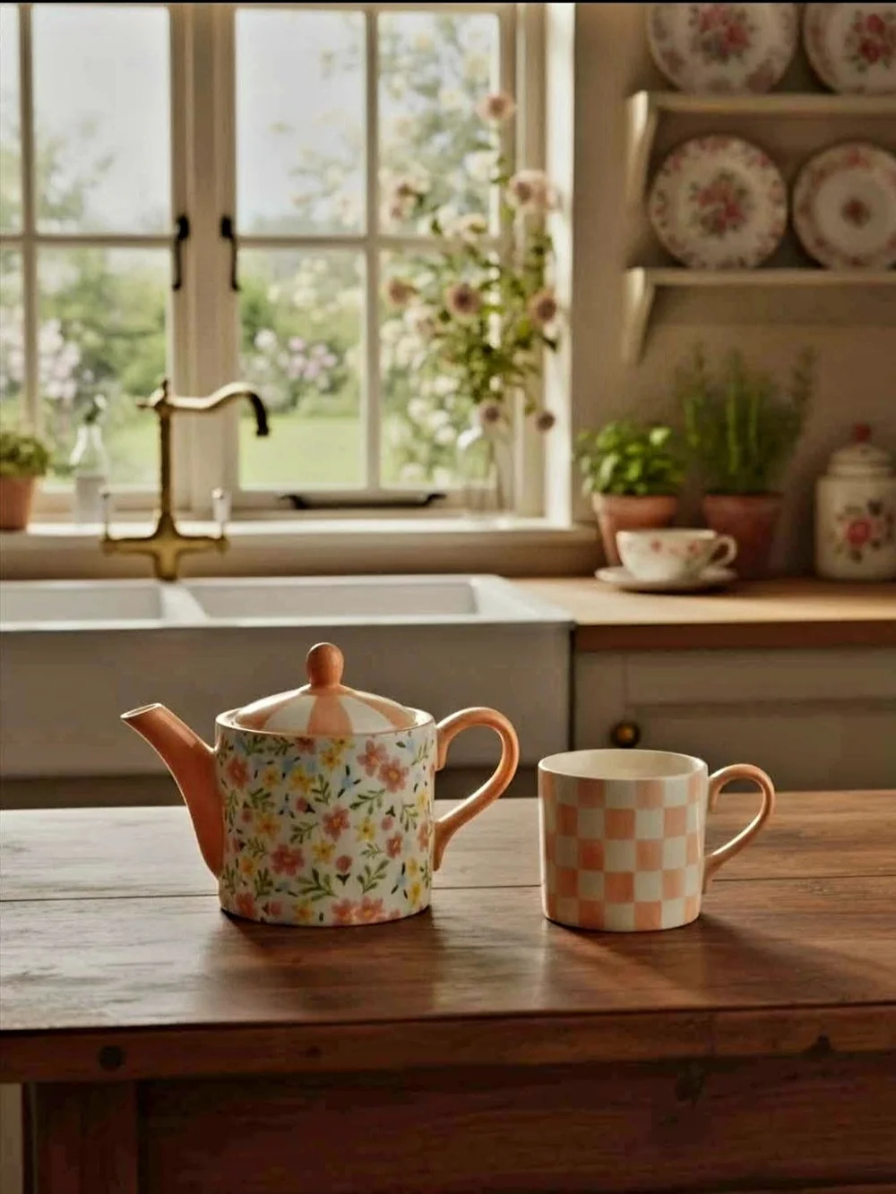 NEW McKenzie Childs Posie Patch Ceramic Tea For Me Set Stacked Floral Teapot Mug